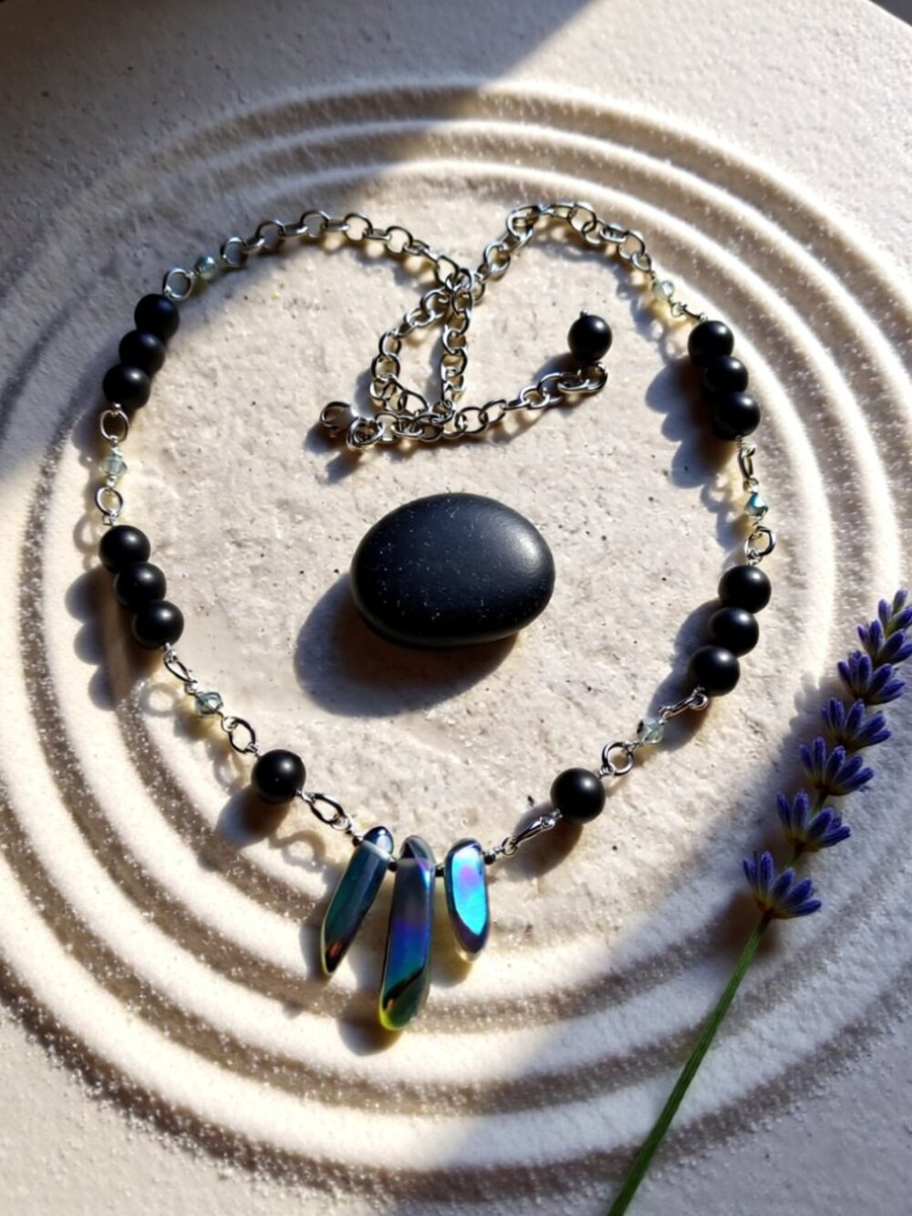 Handmade! Electroplated Quartz + Black Stone Beads - Adjust. Necklace app. 22" - Picture 2 of 12
